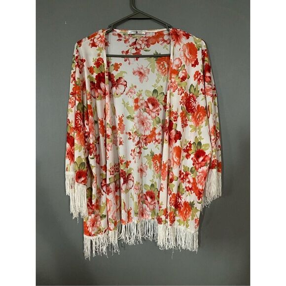 Blu Planet Floral Fringe Kimono Size Medium - Picture 1 of 7